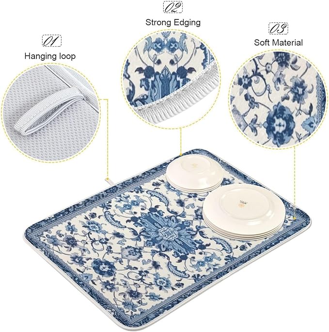 Dish Drying Mat Kitchen Counter Absorbent Blue and White Pattern Coffee Sink Mat Dish Drainer Pad 18 Inch x 16 Inch