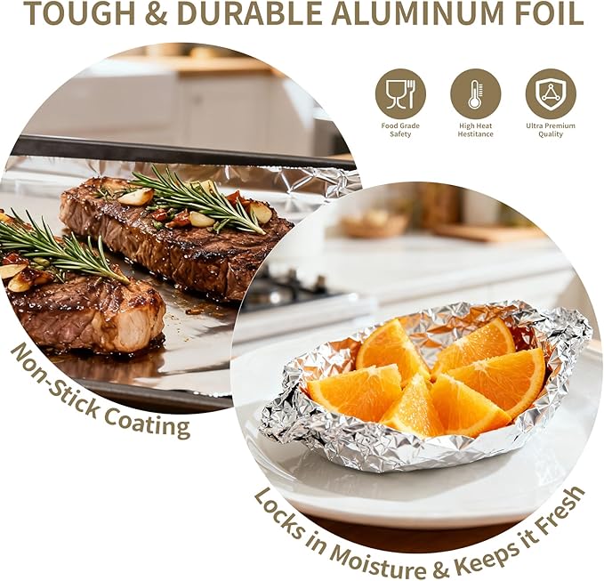 Aluminum Foil Sheets - 200 Count Pre Cut Tinfoil, 12" x 10.6" Inch Pre Cut Foil Sheets for Food, Hot Dog or Sandwich Wrap, Food Storage, Baking, Catering, Restaurant, Kitchen Use