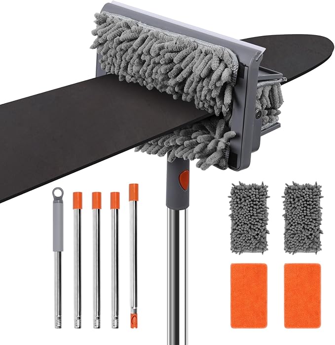 Ceiling Fan Cleaner Duster with 80" Stainless Steel Extendable Pole, 6-in-1 High Reach Fan Duster for Ceiling Fan Blades with 4 Reusable Mop Pads for Fan, Wall, Floor, Blind, Baseboard & Window