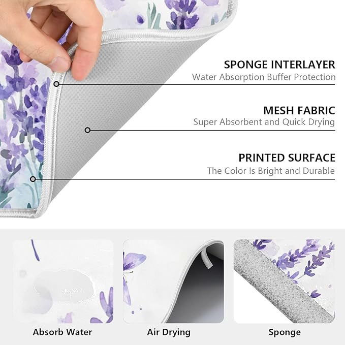 Purple Lavender Spring Summer Flower Floral Dish Drying Mat for Kitchen Counter Absorbent Microfiber Small Drying Pad Dish mats for Kitchen Countertops 16 x 18 Inch