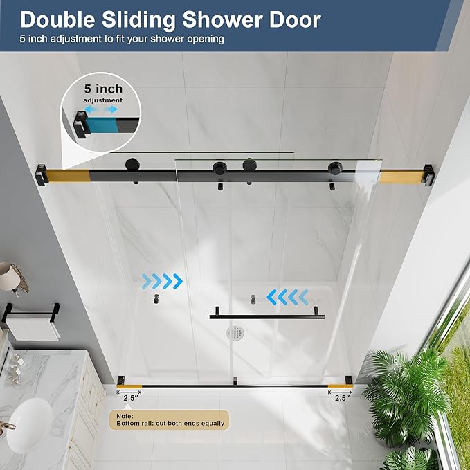 Frameless Double Sliding Shower Doors, 49-54" W x 76" H Shower Glass Door, 1/4" (6mm) Thick ANSI Certified Tempered Glass with Explosion-Proof Film and Nano Coating, Matte Black