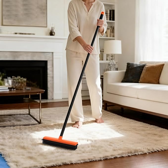 Rubber Broom for Pet Hair on Carpet & Stairs, Adjustable Long Handle Rubber Broom & Squeegee, Pet Hair Remover Tool for Hardwood Tile Floors, Dog Cat Hair Broom