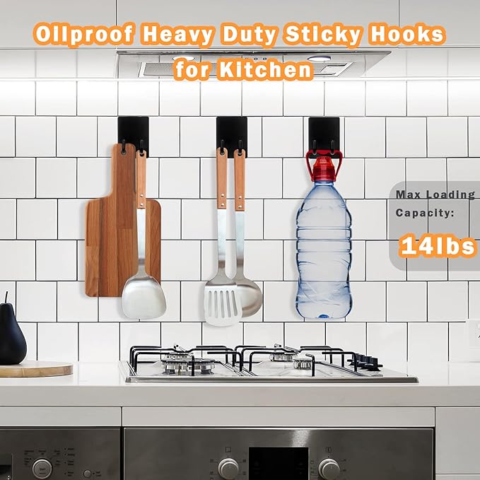 Adhesive Hooks, Stick on Stainless Steel Towel Robe Razor Wall Hooks for Bathroom Kitchen Organizer, Sticky Heavy Duty Durable Shower Hangers for Hanging Hat Coat Key 4-Pack (Black)