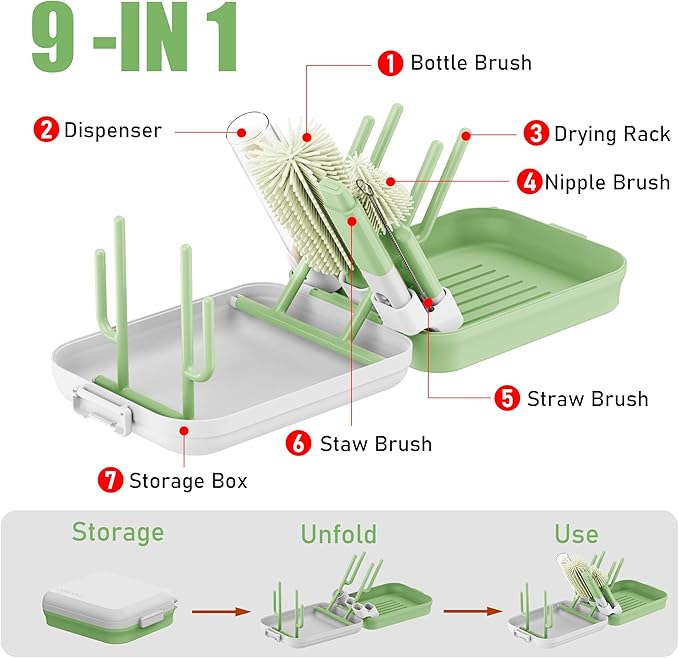 Baby Bottle Brush Set with Drying Rack, Portable Silicone Bottle Cleaner Kit for Bottles, Nipples and Straws, Travel Storage Box for Home and On-The-Go Use（Green）