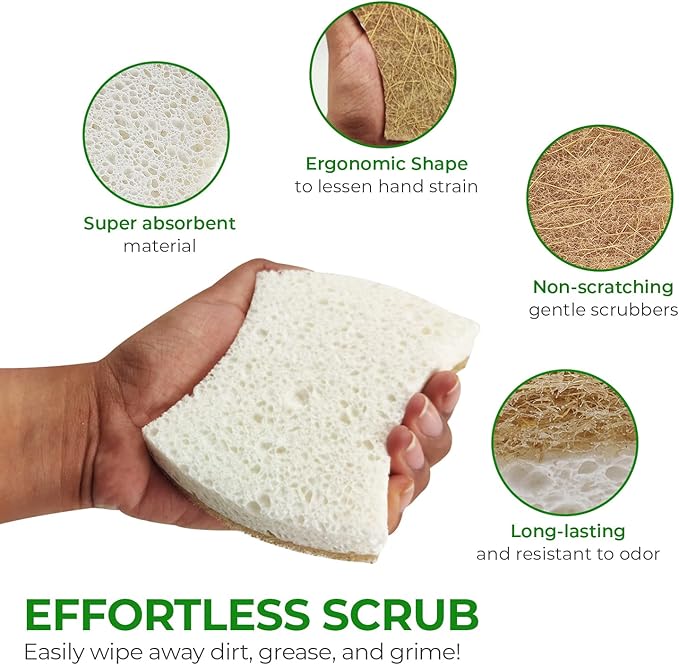 Natural Kitchen Sponges (12 Pack) - Biodegradable Cellulose & Coconut Scrubber Dish Sponge for Kitchen - Eco-Friendly, Non Scratch, Compostable, Non Toxic Natural Sponges for Dishes