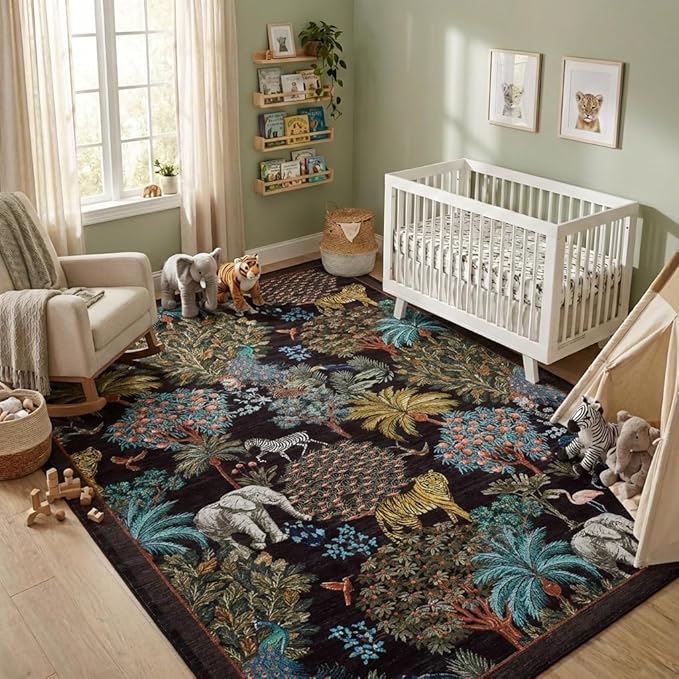 GarveeHome Jungle Washable Rug 9x12 Area Rugs for Living Room Bedroom, Animal Print Rug Non Slip Low Pile Forest Stain Resistance Large Throw Carpet for Dining Room Kids Playroom Nursery, Black