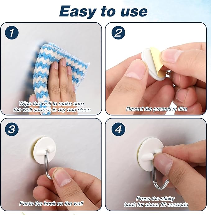 24pcs Round Plastic Hooks - Small Self Stick Hooks for Hanging, White, Waterproof & Oil Proof for Kitchen Utensils