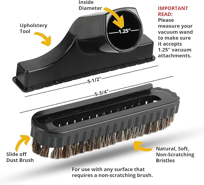 Vacuum Upholstery Brush Tool with Detachable Brush Compatible with 1.25” Vacuum Attachments Compatible with Shop Vac, Bissell, Nutone, Eureka, Beam and other Central Vacuums