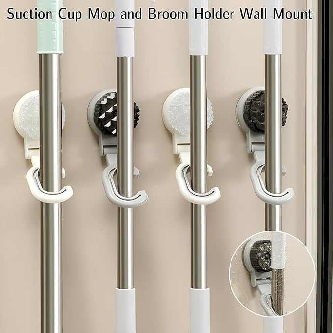 3 Pack Suction Cup Mop and Broom Holder Wall Mount–Renter Friendly Decor, No Drilling Required, Under Cabinet Hooks, Versatile Broom and Mop Organizer Wall Hanging