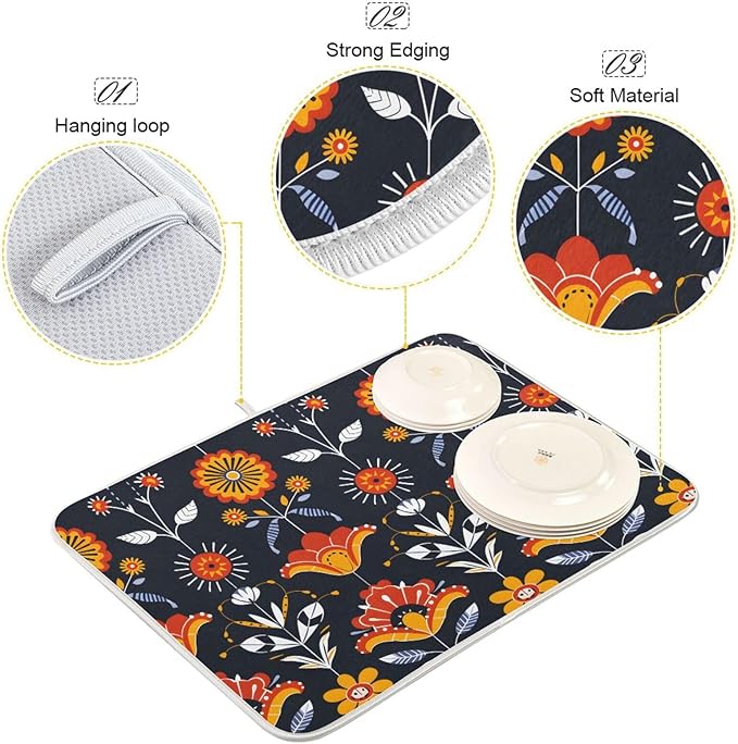 Floral Pattern Traditional Folk Art Dish Drying Mat for Kitchen Counter Absorbent Microfiber Drying Pad, Medium 16x18 in, Reversible Drainer Mats
