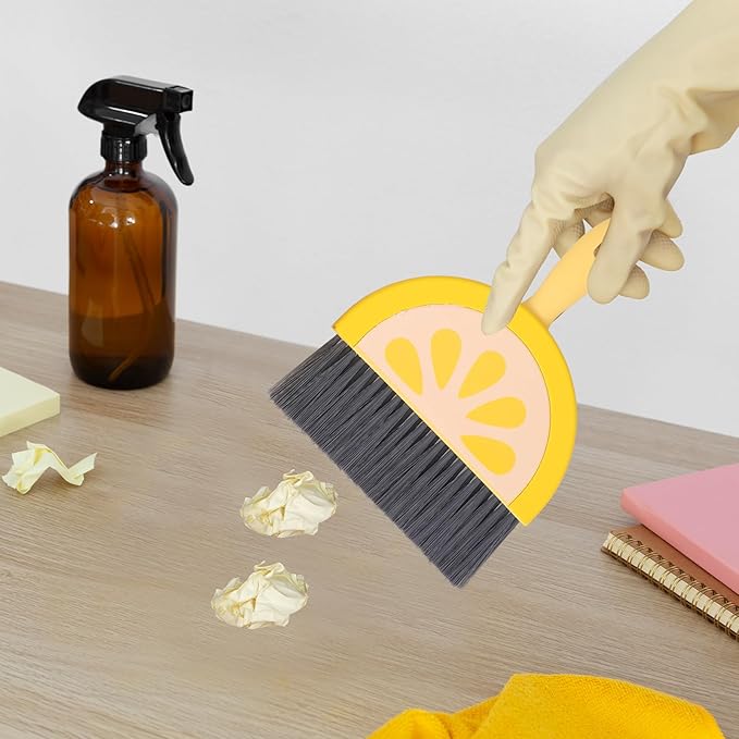 VOSAREA Small Dustpan and Brush Set, Lemon Mini Dustpan and Brush Whisk Broom and Dust Pan Set, Tiny Cleaning Broom Mini Hand Broom for Table, Desk, Keyboard Pet Nest