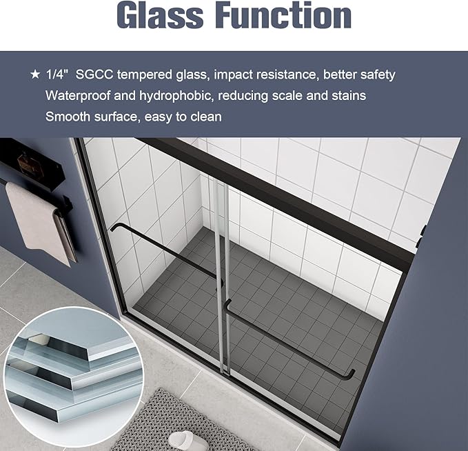 Bypass Glass Shower Door 56-60" W x 70" H with 1/4" Clear SGCC Tempered Glass, Semi-Frameless Double Sliding Shower Door, Easy to Clean, Easy to Install, Matte Black