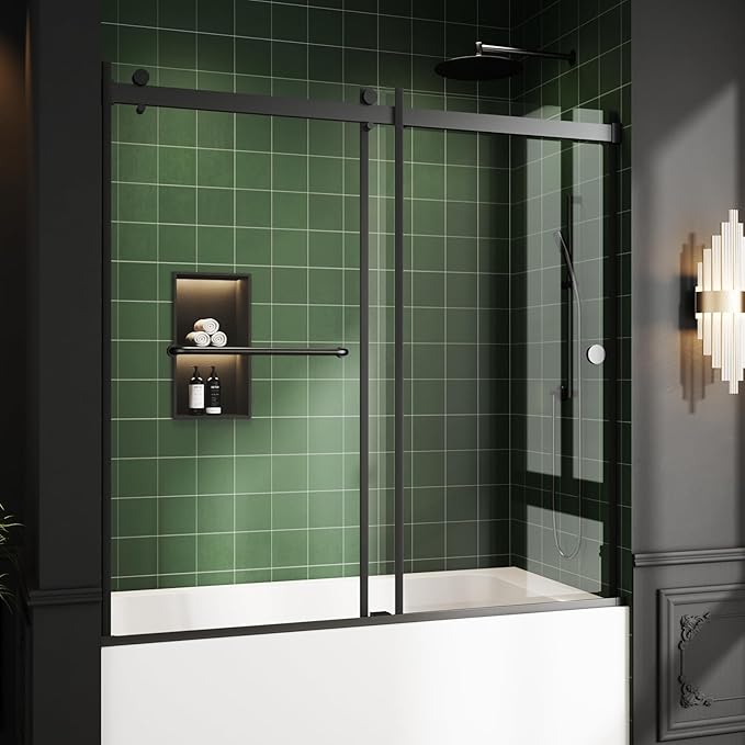 Bathtub Sliding Door, 55"-60" W x 56" H Tub Shower Door, Bathtub Glass Door Bathtub Double Sliding Shower Door Tempered Glass Explosion-Proof Film Stainless Steel Matte Black