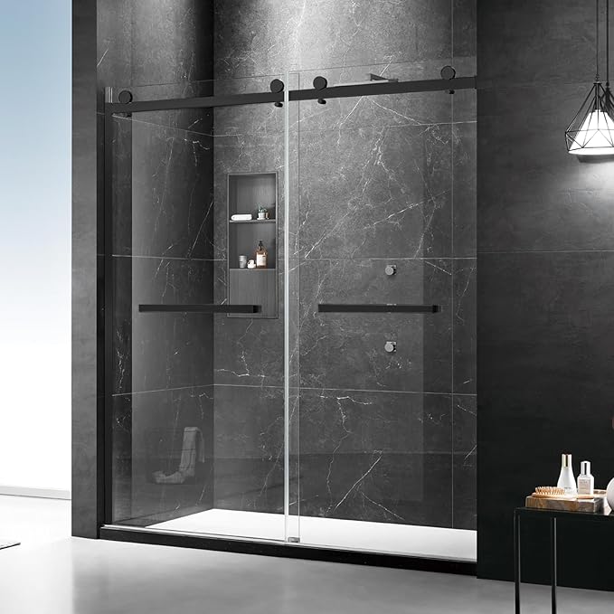Milano Framed Shower Door, 50-54 in.W x 74 in.H Double Sliding Shower Door 5/16"(8mm) Clear Tempered Glass, 18 inch Pull Handle, Stainless Steel Hardware, Matte Black Finished