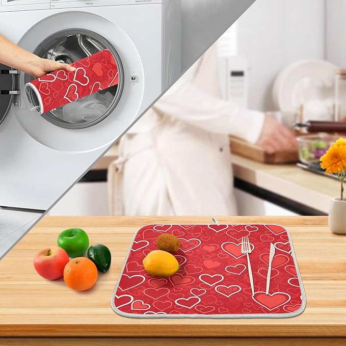Red Hearts Cute Dish Drying Mat for Kitchen Counter Absorbent Microfiber Large Drying Pad Dish mats for Kitchen Countertops 18 x 24 Inch