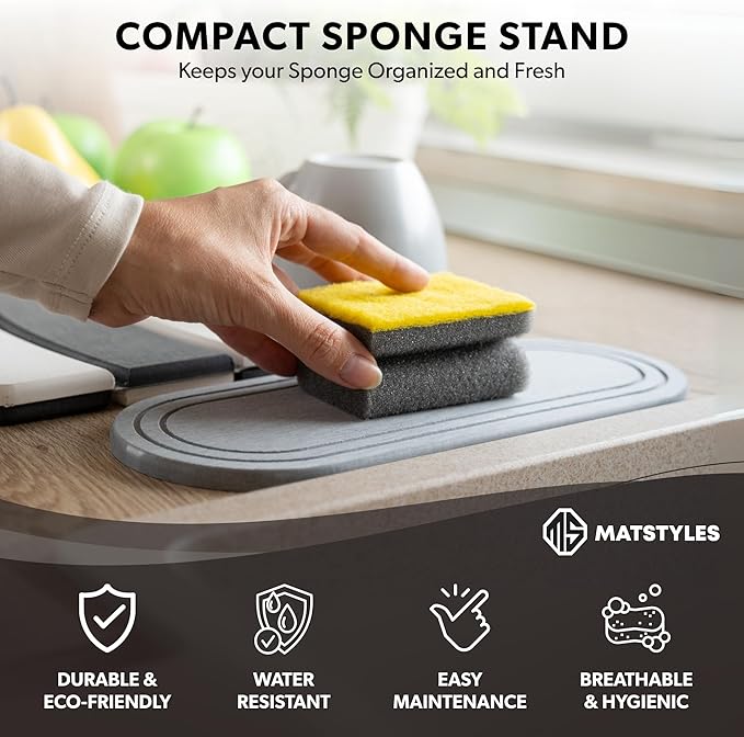 Large Diatomite Stone Dish Drying Mat for Kitchen Counter, 2 PCS Quick Dry Diatomaceous Earth Stone Dishes Mats for Countertop, Non-Slip Base, Foldable Design (Gray & White 24"×16" & 11"x5")