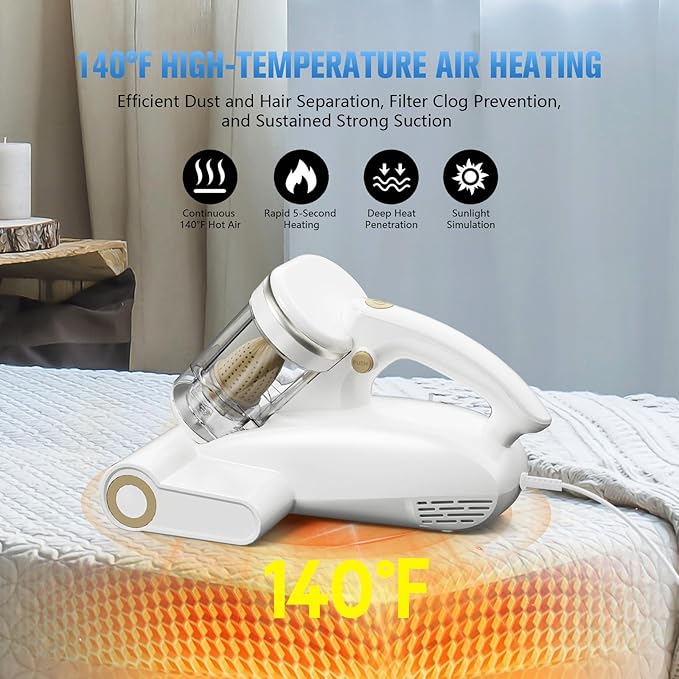 Bed Vacuum Cleaner Mattress Vacuum Cleaner,16Kpa Powerful Handheld Vacuums with UV-C Light & Double Dust Cup & High Heating & Ultrasonic & HEPA Filter for Bed Sofa(Corded,Grey White)