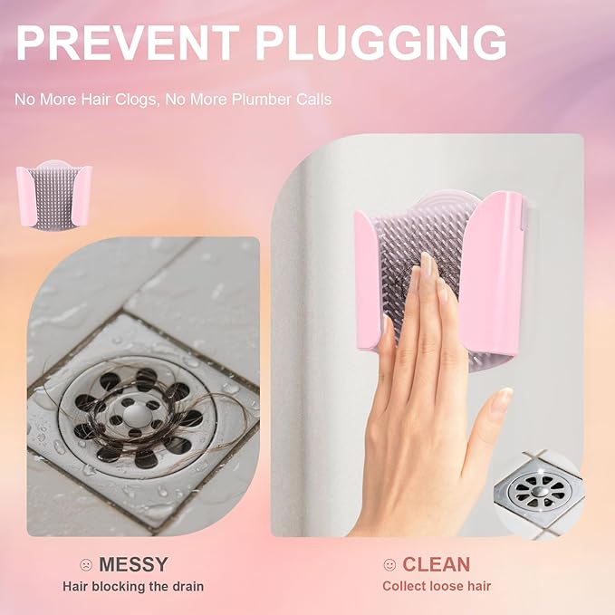 Shower Wall Hair Catcher - Reusable Hair Trap for Drain Protector, Hair Collector with Silicone Bristle, Shower Drain Hair Catcher for Bathroom Bathtub, Easy to Clean & Detachable, Pink