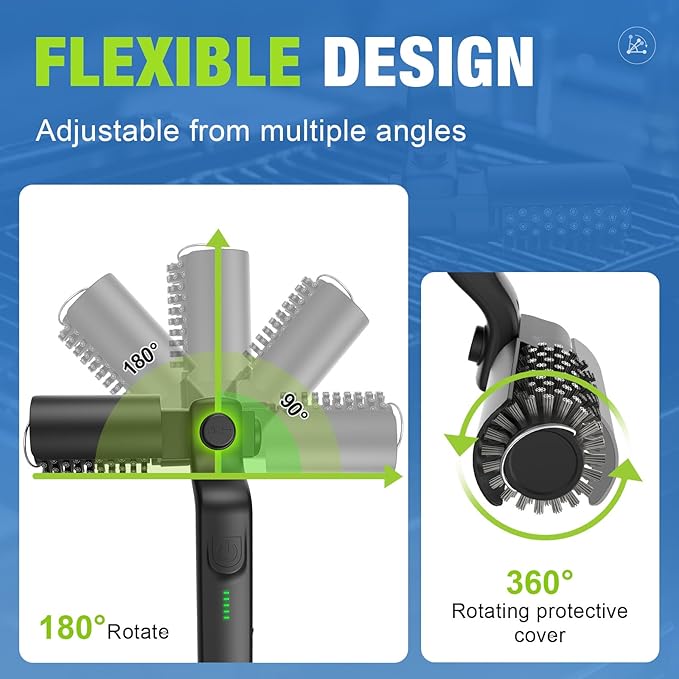 Electric Grill Brush, Rechargeable Grill Cleaner for Outdoor Grill with 3-Speed Power Motor & Stainless Steel Head- 180°Adjustable, Automatic Grill Cleaning Brush for Gas/BBQ Grates & Griddles