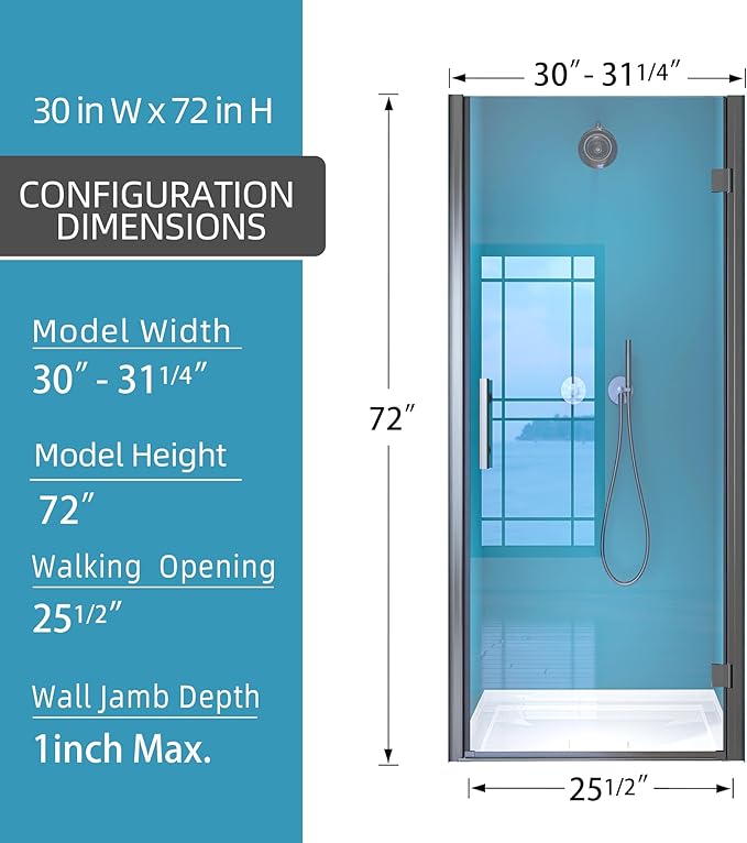 GETPRO Frameless Pivot Shower Door 30 in. W x 72 in. H Swing Single Small Shower Door with 1/4 inch Tempered Glass Panel Adjustable Right Hinged Bathroom Door for Shower Matte Black Hardwares