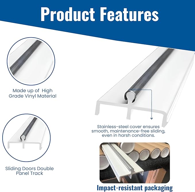 KC Hardware Premium Vinyl Sliding Door Track, Ideal Sliding Glass Door Track with Stainless Steel Cover Ensuring Smooth Glide for Home Improvement and Patio Doors (White, 72 Inches)