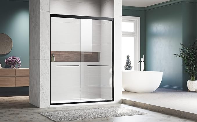 56-60" W x 72" H Adjustable Semi-Frameless Sliding Shower Door, Certified 3/8" Clear Tempered Glass, 304 Stainless Steel Handle, Elegant Matte Black Finish