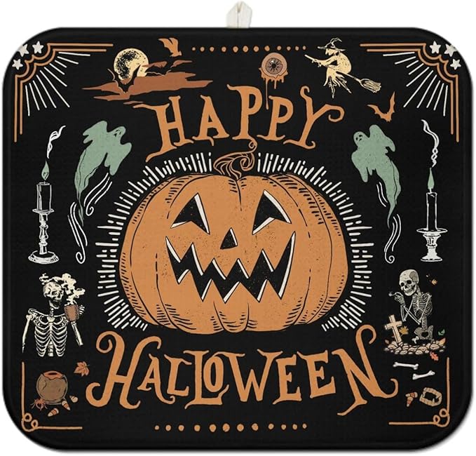 Halloween Dish Drying Mat for Kitchen Counter,Vintage Halloween Pumpkin Skull Ghost Pattern Microfiber Drying Mat,Washable Absorbent Countertop Holiday Dish Mat Drain Pad,16x18Inch