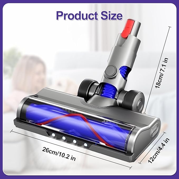 Vacuum Replacement Head for V7 V8 V10 V11 V15 V8 Slim for Hard Floor Short Pile Carpets with LED Headlights, V-Bristle Design & Rubber Wheels - Includes Gooseneck Brush Tool