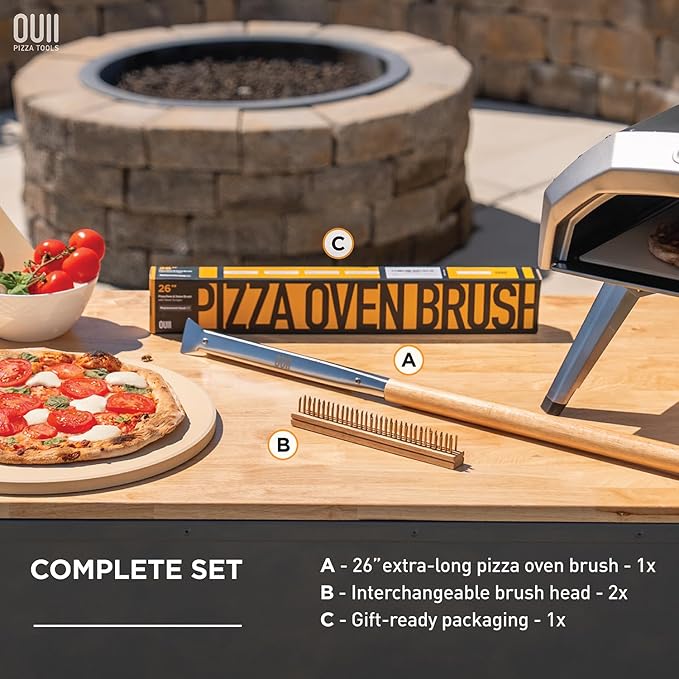26'' Pizza Oven Brush with Stone Scraper - Includes 2 Brush Heads, Heat-Resistant Gold Stainless Steel Bristles - Long Grip Handle, Compatible with Ooni, Gozney, Blackstone, Solo Stove Ovens