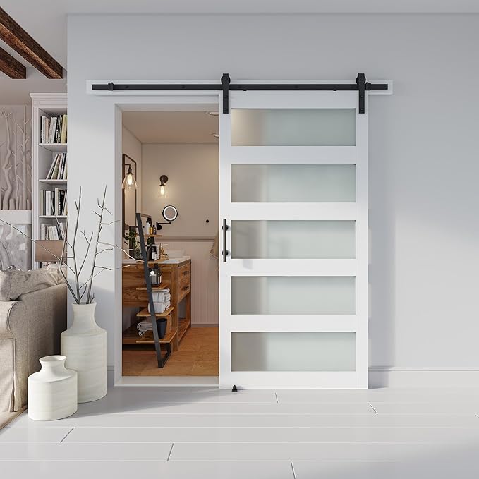 42'' x 84'' Glass Barn Door and 7 Ft Hardware Kit Included, MDF White Barn Door Slab with Frosted Glass, PVC Surface, Combined with Handle and Floor Guide-Assembly Required, White