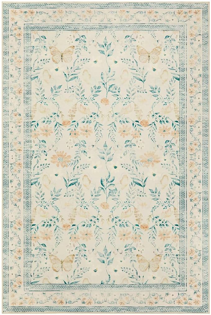 Floral Rug for Living Room Bedroom, 8x10 Washable Rug, Vintage Boho Area Rug, Large Non Slip Low Pile Wool Carpet for Indoor Dining Room,Girls Room,Nursery Room and Kids Room(Ivory Green 8x10)