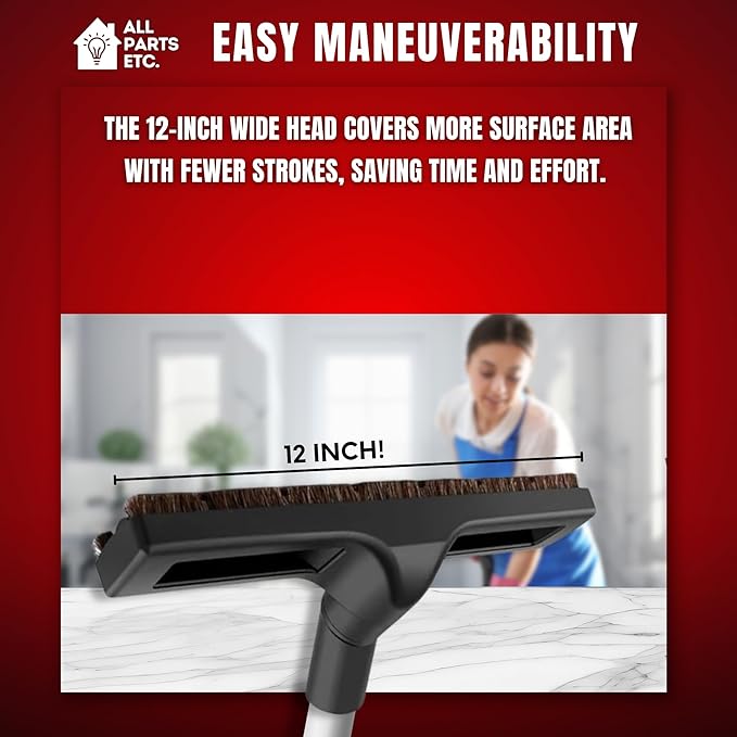 Vacuum Floor Brush Attachment, 12 Inch Brush for 1.25” Vacuum Accessories with Two Adapters for 1 3/8” & 1.5" Compatibility with Shop Vac, Shark, Miele, Bissell, Nutone, & Central Vacs
