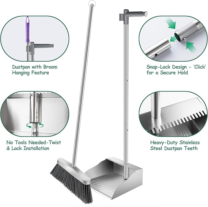 Dust Pans with Long Handle,Heavy Duty Metal Dust Pan with Handle,Upright Stand Up Dustpan with Dust Pan Teeth to Clean Hair for Home Kitchen Office Lobby Floor Garden