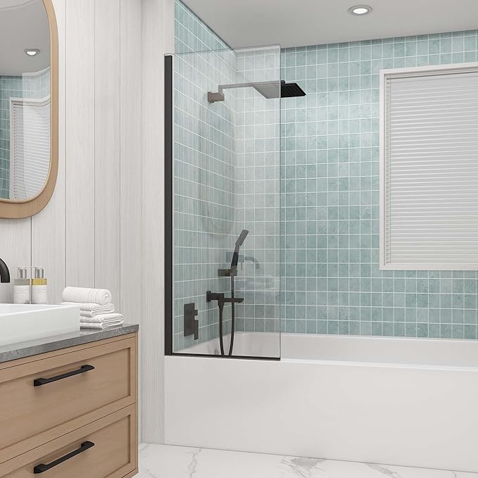Sunrosa 24"×60" Bathtub Glass Panel,8mm Thick Shower Screen,Matte Black Semi-Frameless Bathroom Shower Door, Easy to Clean