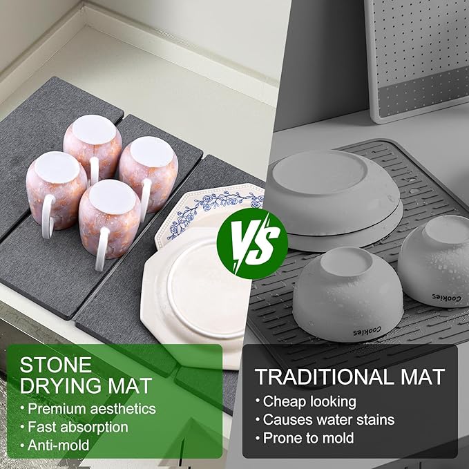 Stone Dish Drying Mat for Kitchen Counter, Foldable Diatomaceous Earth Large Dry Mats Grey 24"×16"
