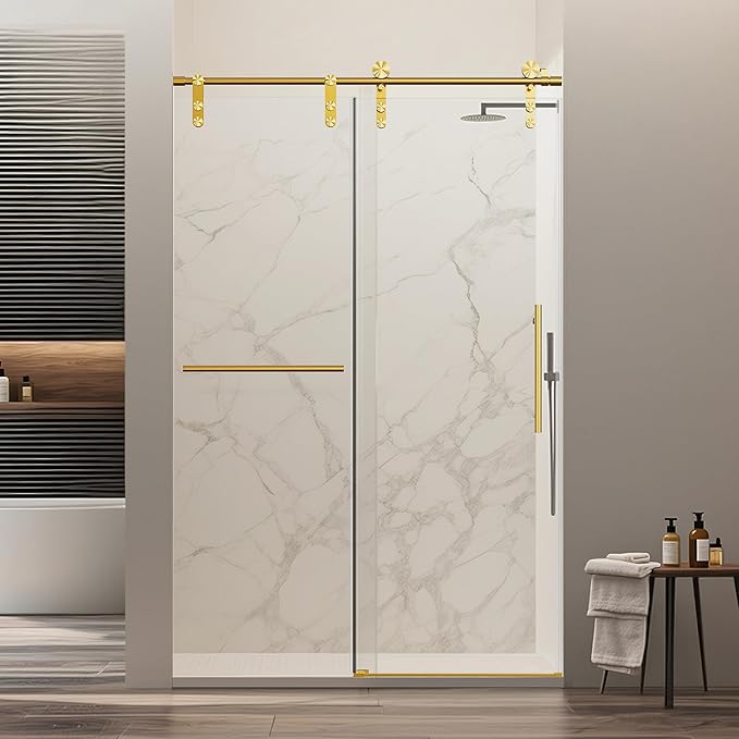 46-48" W x 76" H Frameless Sliding Shower Door, Safety Bathroom Single Sliding Glass Doors with 5/16" (8mm) SGCC Tempered Glass, Stainless Steel Towel Rail and Auxiliary Handle, Brushed Gold