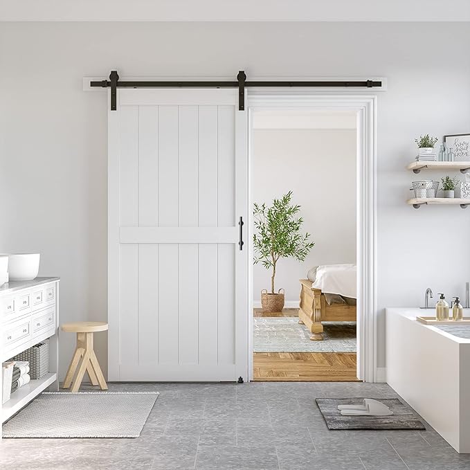 SmartStandard 42 x 84 inch White Sliding MDF Barn Door with 7FT Black Sliding Door Hardware Kit & Handle, Pre-Drilled Ready to Assemble, Waterproof PVC Coating, H-Frame
