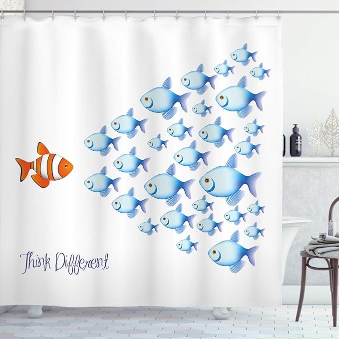 Ambesonne Saying Shower Curtain, Words with Outsider Fish Against All The Others Inspirational Art, Cloth Fabric Bathroom Decor Set with Hooks, 69" W x 75" L, Orange Blue