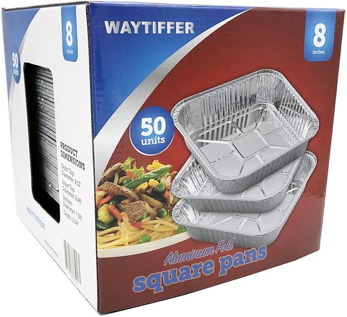50pack- 8 x 8 Aluminum foil Pans Disposable,Heavy Duty Square baking Cake Pans, Cooking Tins Homemade Breads Oven, Baking Roasting Pan