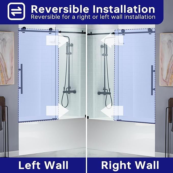 Woodbridge Frameless Bathtub Shower Doors 56-60" Width x 62" Height with 3/8"(10mm) Clear Tempered Glass in Matte Black Finish