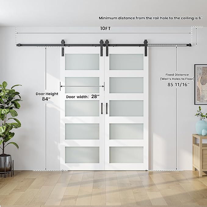 SmartStandard 56 x 84 in (Double 28×84 Door) Glass Barn Door with 10FT Sliding Hardware Kit & Handle, Pre-Drilled Ready to Assemble, Waterproof PVC Coating, 5-Panel Glass, White