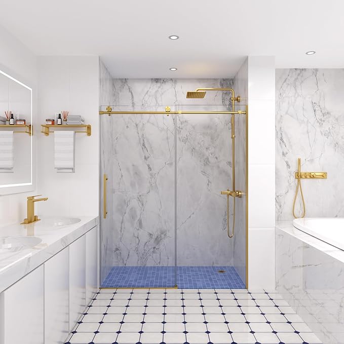 Shower Door,56-60" W x 74" H Frameless Single Sliding Shower Doors with Soft Close System,5/16" (8mm) Clear Tempered Glass with Nano Coating,Stainless Steel Hardware,Brushed Gold
