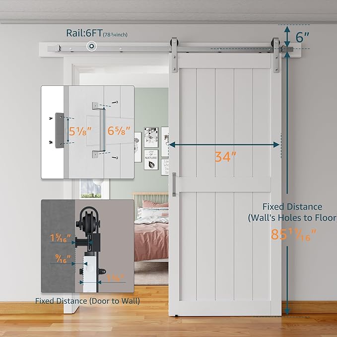 34''x84'' Sliding Barn Door with 6 Ft Brushed Nickel Hardware Kit& Handle& Floor Guides,Pre-Drilled Holes Easy Assembly - Include Installation Manual, Water-Proof PVC Surface, H-Frame