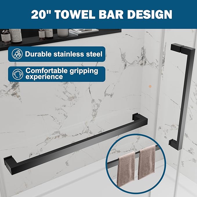 Frameless Sliding Shower Door 56–60" W x 76" H, 5/16" Tempered Glass with Dual-Sided Easy to Clean Coating, Shower Glass Door with SUS304 Stainless Steel Hardware & 20" Towel Rack, Matte Black