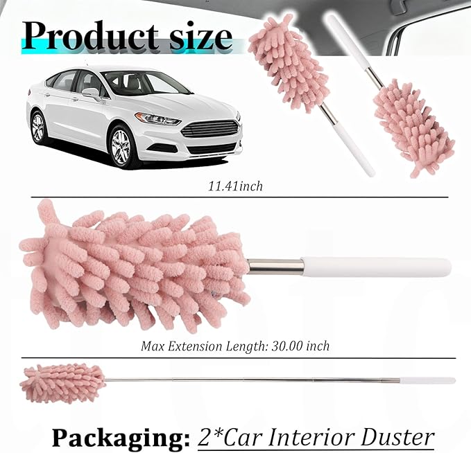2PCS Car Duster Interior with Bendable Head & Retractable Extension Pole,Pink Microfiber Duster for Car Interior Detailing Cleaning,Universal Cars Interiors Dusters Cars Tools