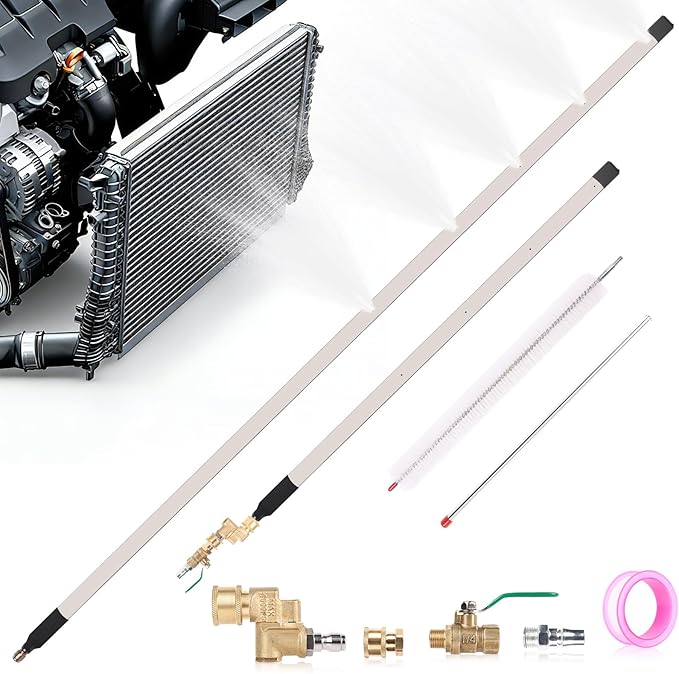 47" & 24" Radiator Cleaning Wand, 8-Piece Set- 4500 PSI Stainless Steel Dual Water/Air Radiator Cleaner with Valve Switch, Connector, Cleaning Brush and Sealing Tape for Cars, Trucks, Heavy Equipment