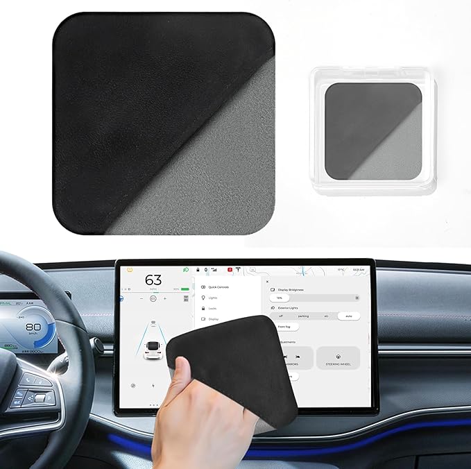 Car Screen Cleaner Pad with Acrylic Storage Box - Microfiber Touchscreen Cleaning Wipe for Dashboard Navigation Display - Anti-Fingerprint Interior Accessories & Center Console Organizer (Black)