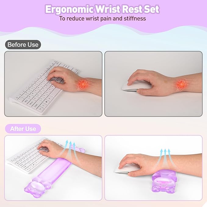 Gel Keyboard and Mouse Wrist Rest Set – Clear Wrist Rest for Computer Keyboard 60%/68%/75%, Comfort & Support for Typing and Gaming(Cute Purple Bear)