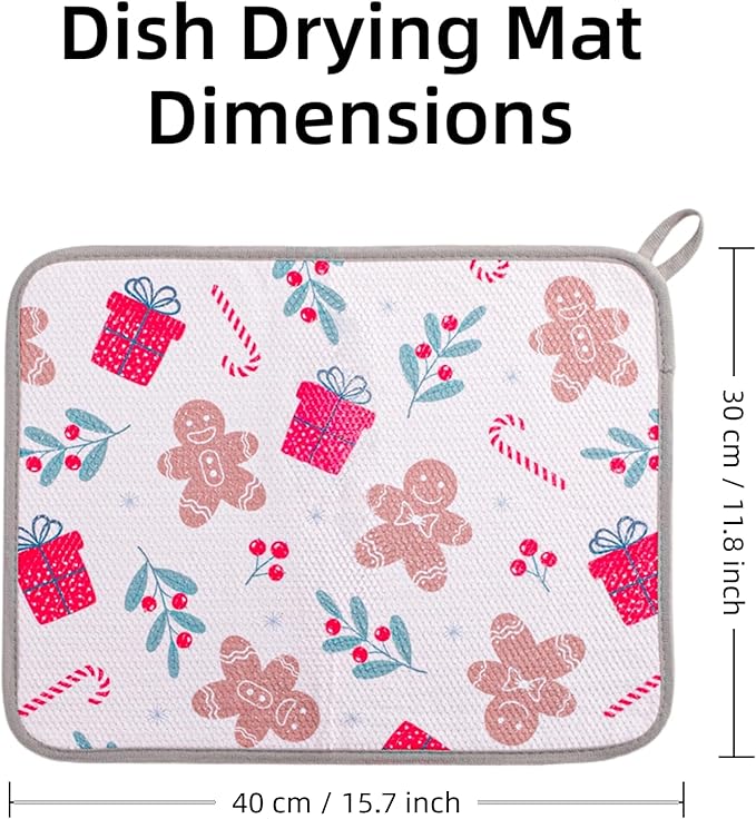 Festive Dish Drying Mat 2 Pack by JM.JEEMI, Versatile Dish Mat Drying Kitchen Mat for Counters, Kitchen Drying Mat - Microfiber, 11.8 by 15.7 Inch
