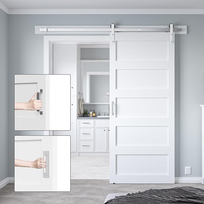 38in x 84in White Sliding Barn Door with 6.6ft Brushed Nickel Barn Door Hardware Kit & Handle, 5-Panel, Pre-Drilled Holes Easy Assembly, Water-Proof PVC Surface